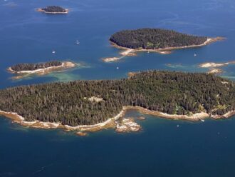 aerial view of Devil, Bold, and Hells Half Acre islands