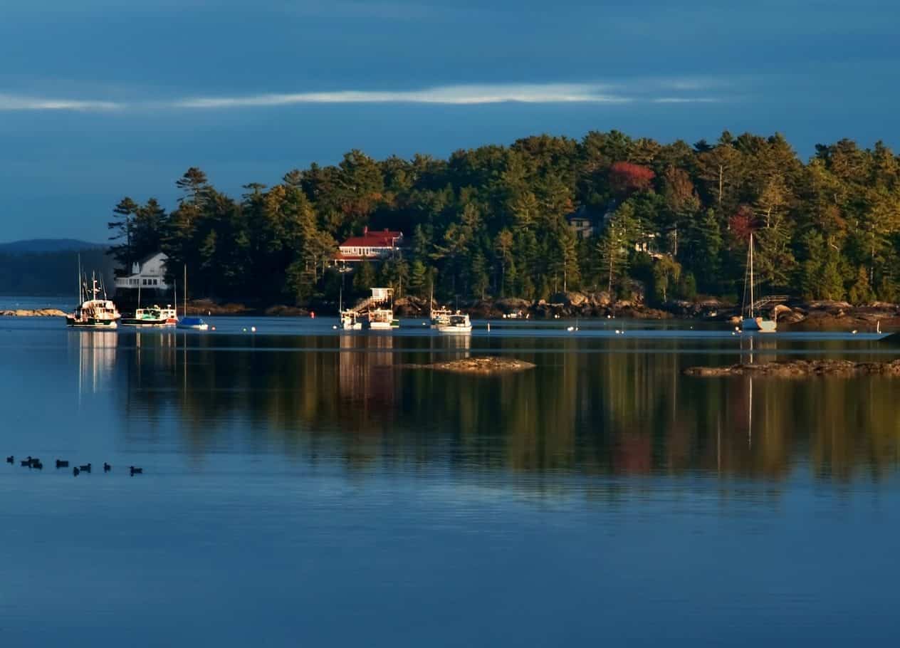 Still evening on Blue Hill Harbor with trees reflected on the water and a few boats moored.