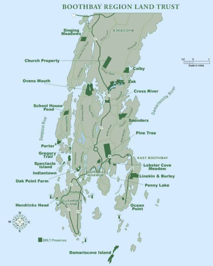 Map of Boothbay Region Land Trust hiking trails.