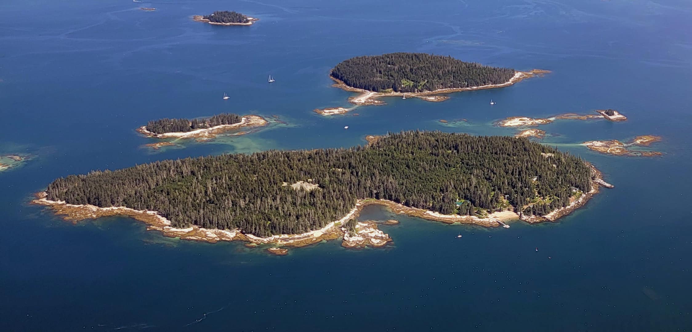 aerial view of Devil, Bold, and Hells Half Acre islands