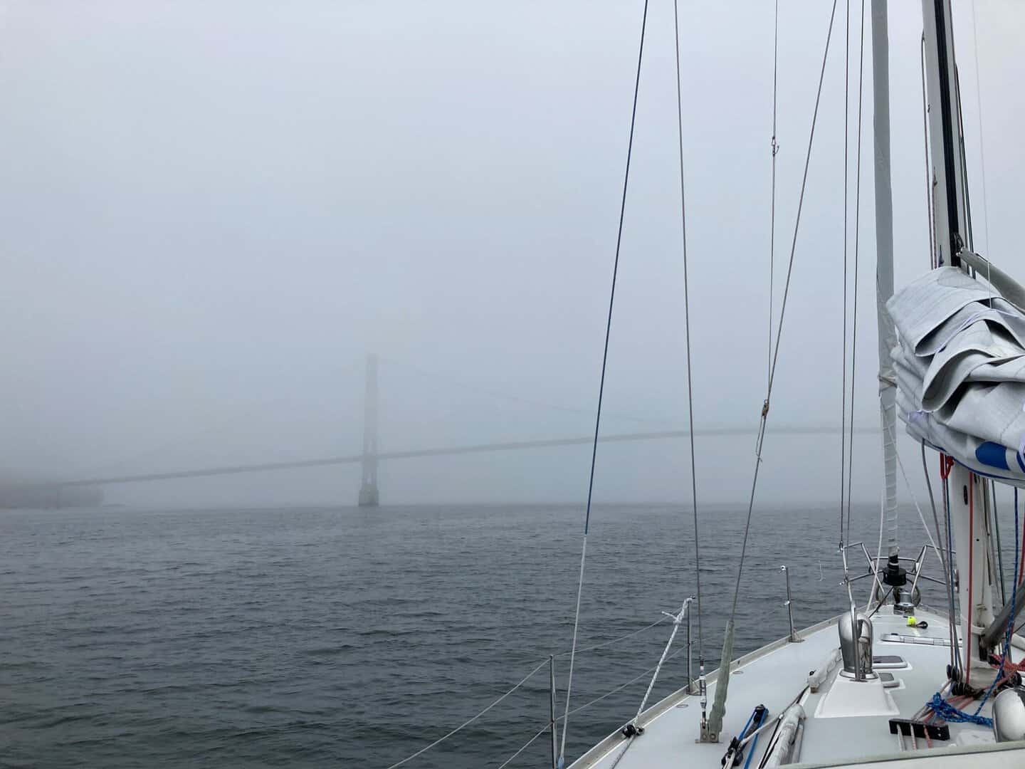 approaching Deer Isle bridge in fog.