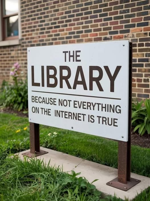 Sign reading "The Library; Because not everything on the internet is true"