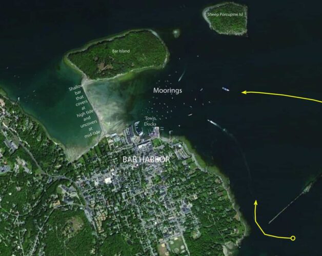 Google Earth image of Bar Harbor with approaches labeled.