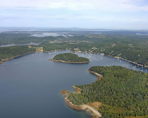 aerial view of Bucks Harbor showing the island and surrounding waters.