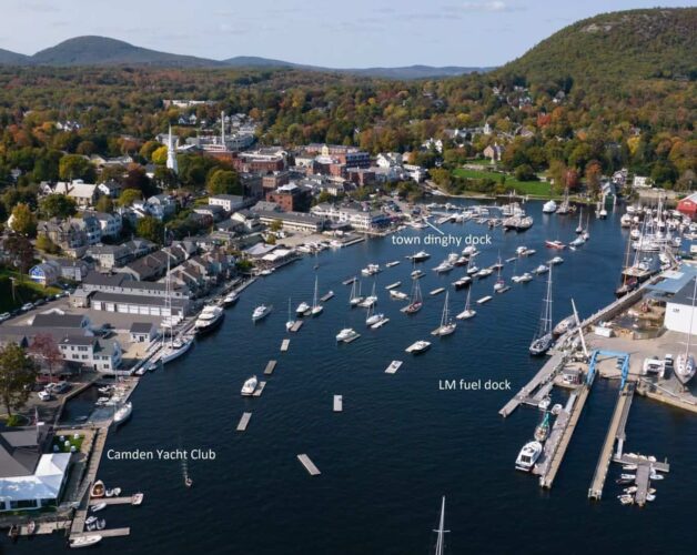 Aerial view of Camden, Maine, inner harbor with labels for yacht club, LM fuel dock and town dock.