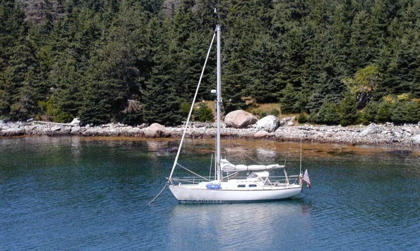 Curlew, a white sloop, at anchor in Duck Harbor.