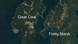 Google Earth image showing Bartlett Narrows with labels on Great Cove and Pretty Marsh.