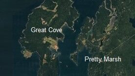 Google Earth image showing Bartlett Narrows with labels on Great Cove and Pretty Marsh.