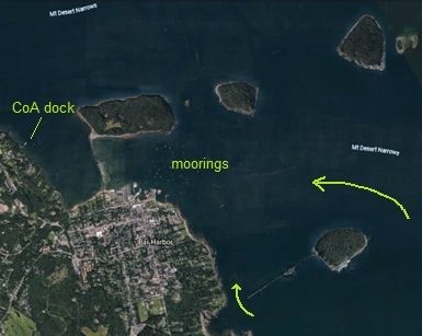 Google Earth image of Bar Harbor showing mooring field and alternate approaches
