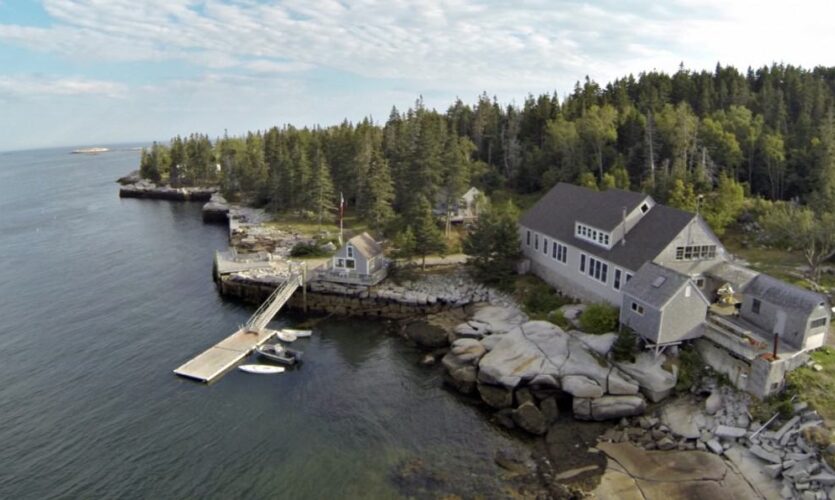 An aerial view of the Hurricane Island facility and dock.