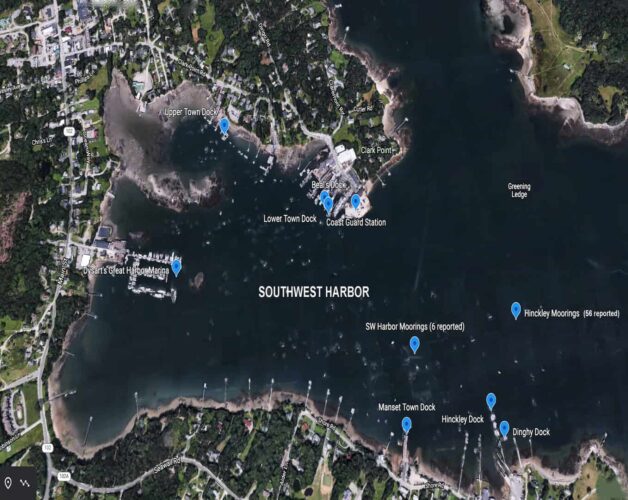 Google Earth view of SW Harbor with labels identifying points around the harbor.