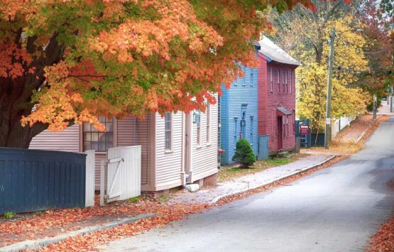 Colonial houses with fall foliage
