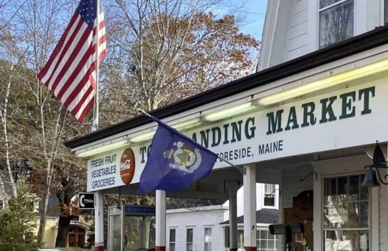Front of Town Landing Market with US and state flags flying.