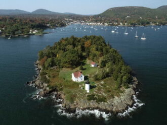 aerial view of Camden Harbor with Curtis Island in the foreground