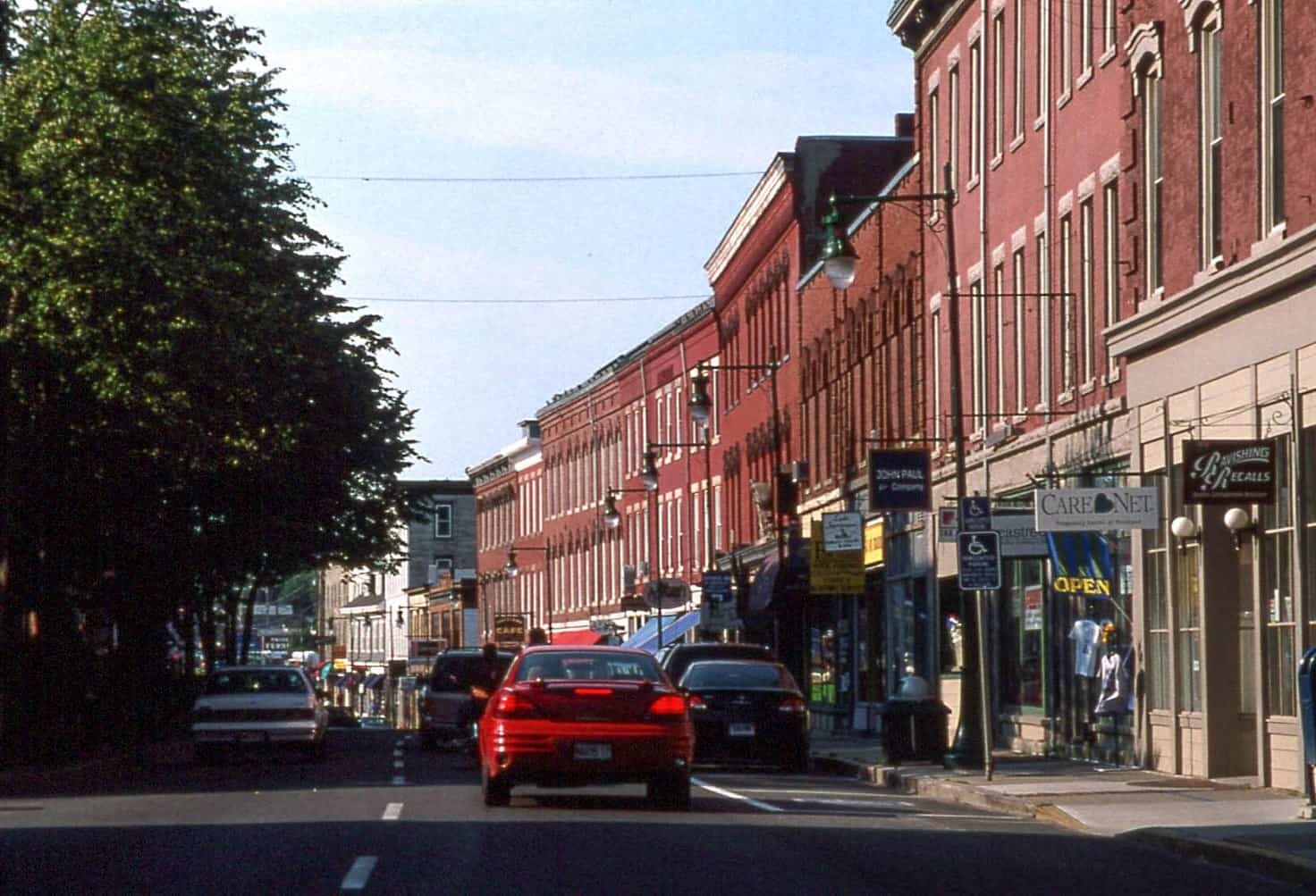 Downtowon Rockland with a row of three-story brick buildings.