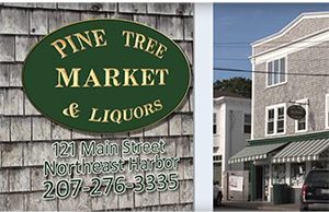 Pine Tree Market sign and information plus a view of the front of the store.